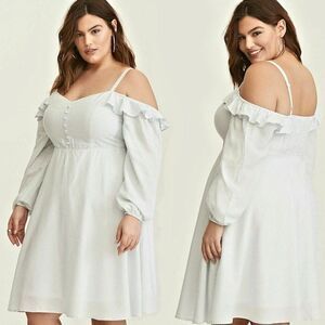 Torrid Dress Cold Shoulder Cottagecore Striped Button Front Blue Plus Si…